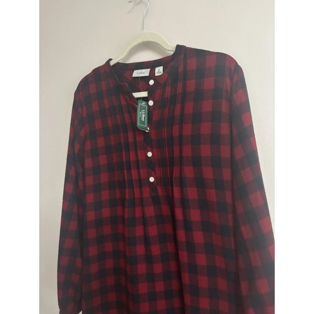 L.L. Bean Scotch Plaid Cotton Flannel Red Classic Pockets Nightgown Medium NEW